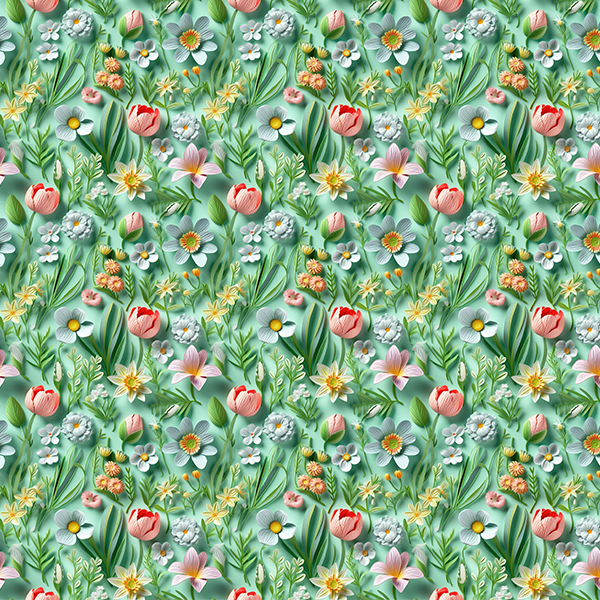 Tecido Tricoline Digital Estampado 3D Flores da Primavera Verde 9100E11573