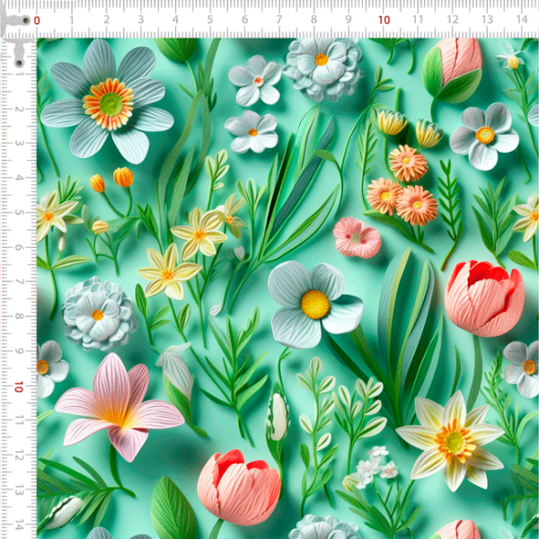Tecido Tricoline Digital Estampado 3D Flores da Primavera Verde 9100E11573