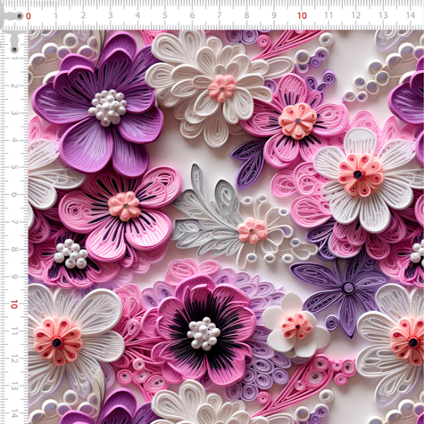 Tecido Tricoline Digital Estampado 3D Montagem de Flores Rosa e Branco 9100E11575