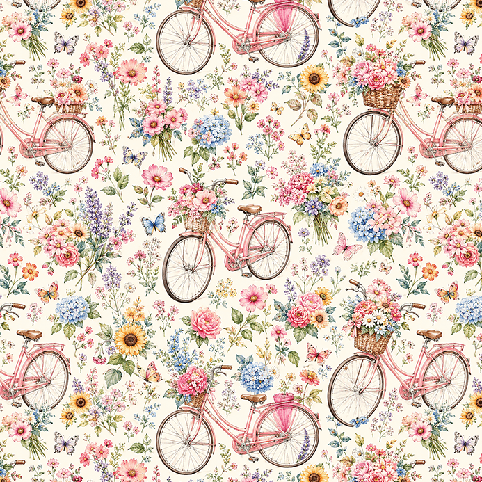 Tecido Tricoline Digital Estampado Bicicletas e Flores 9100E17055