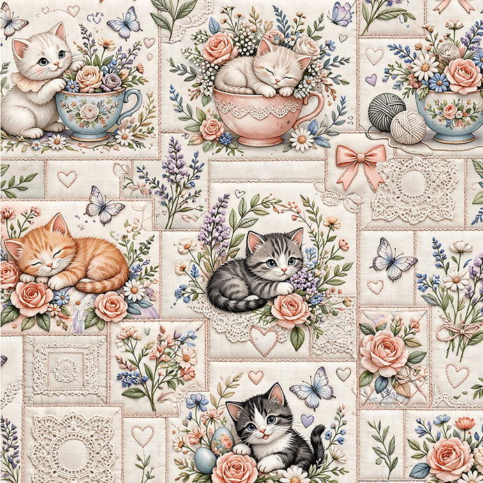 Tecido Tricoline Digital Estampado Gatinhos e Flores Patchwork 9100E17054
