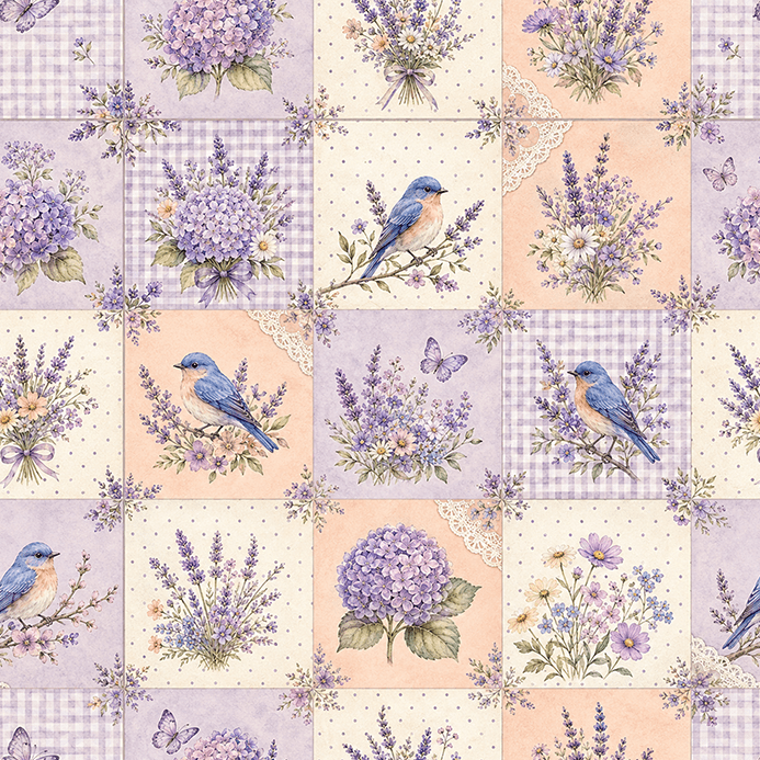 Tecido Tricoline Digital Estampado Lavandas Hortênsias e Pássaros Patchwork 9100E17064