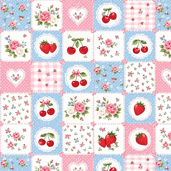 Tecido Tricoline Digital Estampado Patchwork Cerejas e Morangos 9100E16867