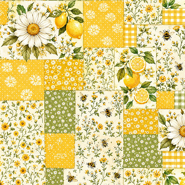 Tecido Tricoline Digital Estampado Patchwork Margaridas e Limões 9100E16849