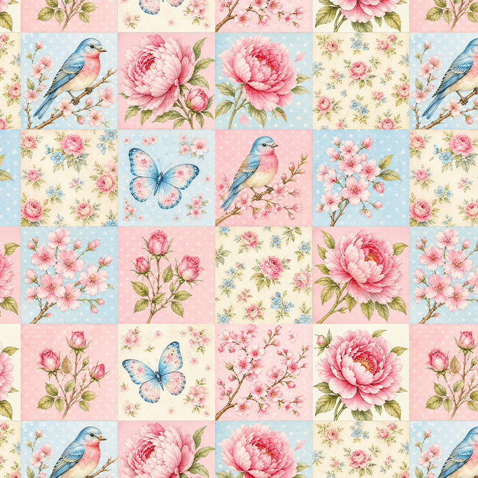Tecido Tricoline Digital Estampado Peônias Pássaros e Borboletas Patchwork 9100E17066