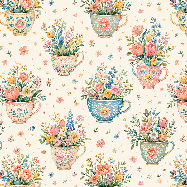 Tecido Tricoline Digital Estampado Xícaras Floridas 9100E16891