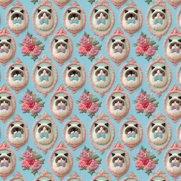 Tecido Tricoline Digital Gato Moldura Floral 9100E15912