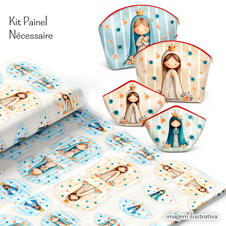 Tecido Tricoline Digital Kit Painel Necessaire Nossa Senhora Listrado Verde Azul Amarelo 9100E16103