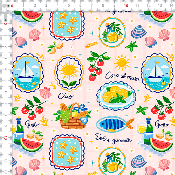 Tecido Tricoline Digital Lagosta Mediterrâneo Xadrez 9100E16158