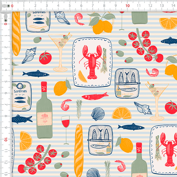 Tecido Tricoline Digital Lagosta Sardinha Mediterrâneo 9100E16159
