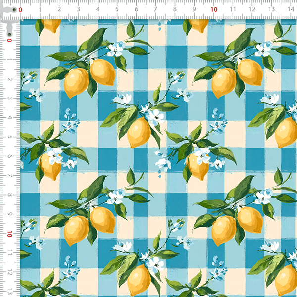 Tecido Tricoline Digital Limão Siciliano Xadrez Azul 9100E15898