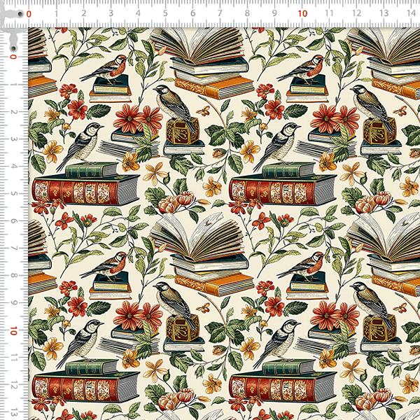 Tecido Tricoline Digital Livros Pássaros Floral 9100E15923