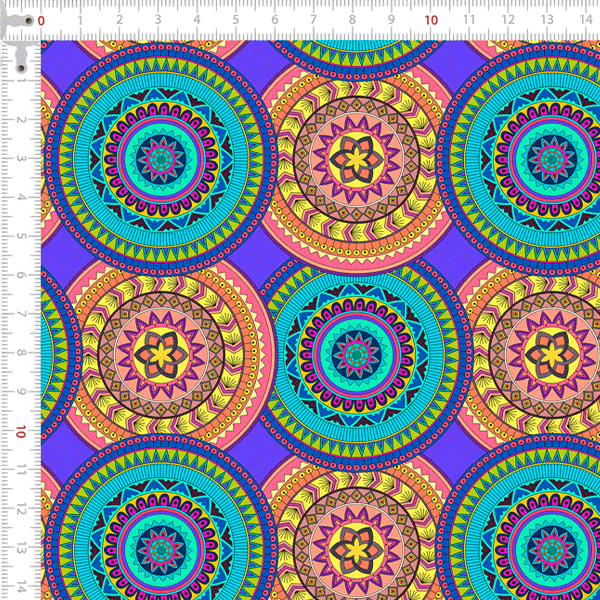 Tecido Tricoline Digital Mandalas Sobrepostas Tiffany Roxo e Laranja 9100e7864
