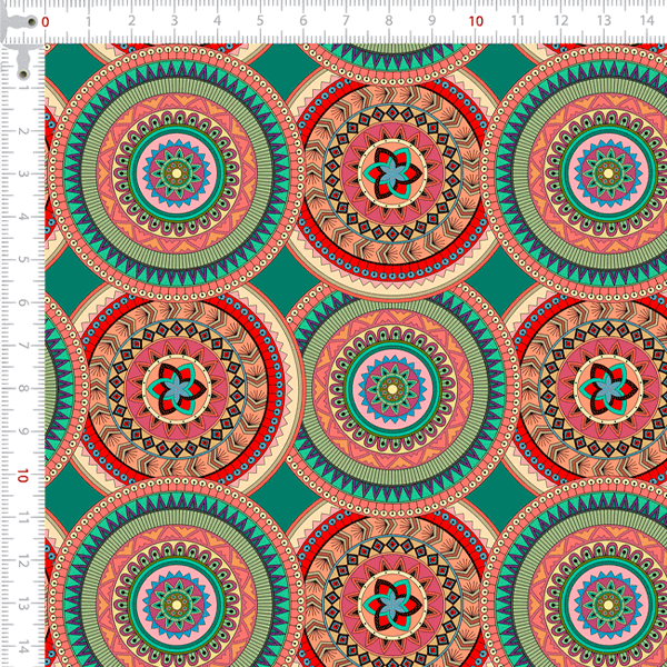 Tecido Tricoline Digital Mandalas Sobrepostas Verde e Laranja 9100e7867