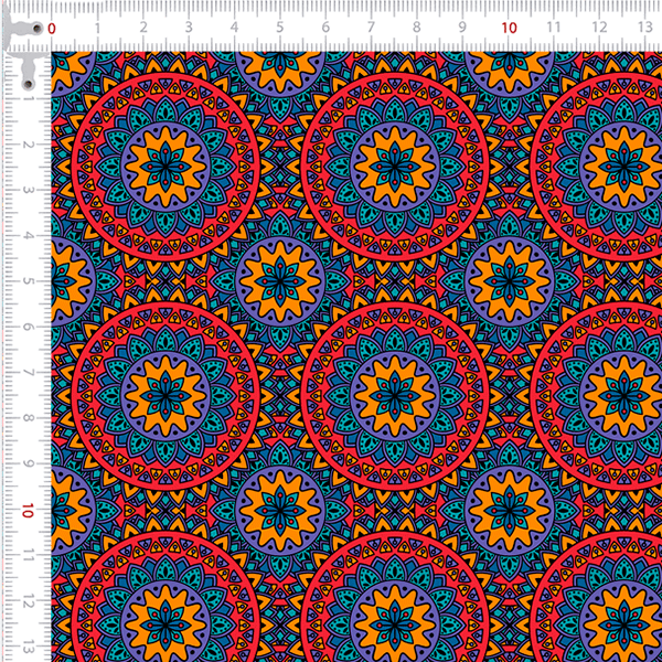 Tecido Tricoline Digital Mandalas Vermelhas Azul e Amarelo 9100e7886
