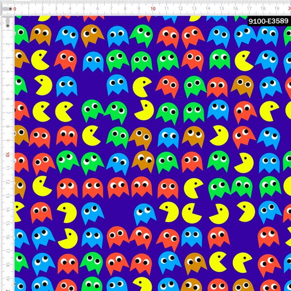 Tecido Tricoline Digital Pac-Man Fundo Azul 9100e3589