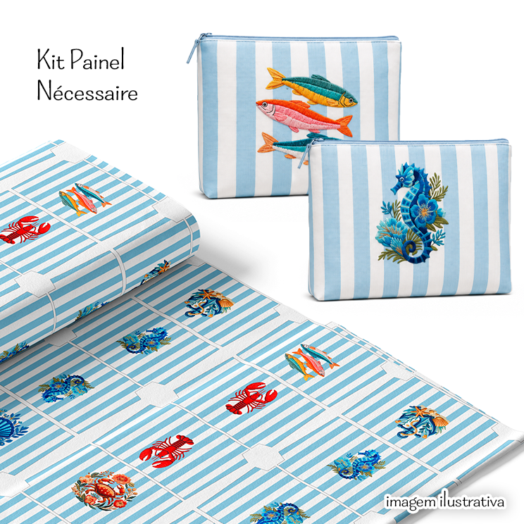 Tecido Tricoline Digital Painel Necessaire Frutos Marinho Listrado Azul 9100e16475