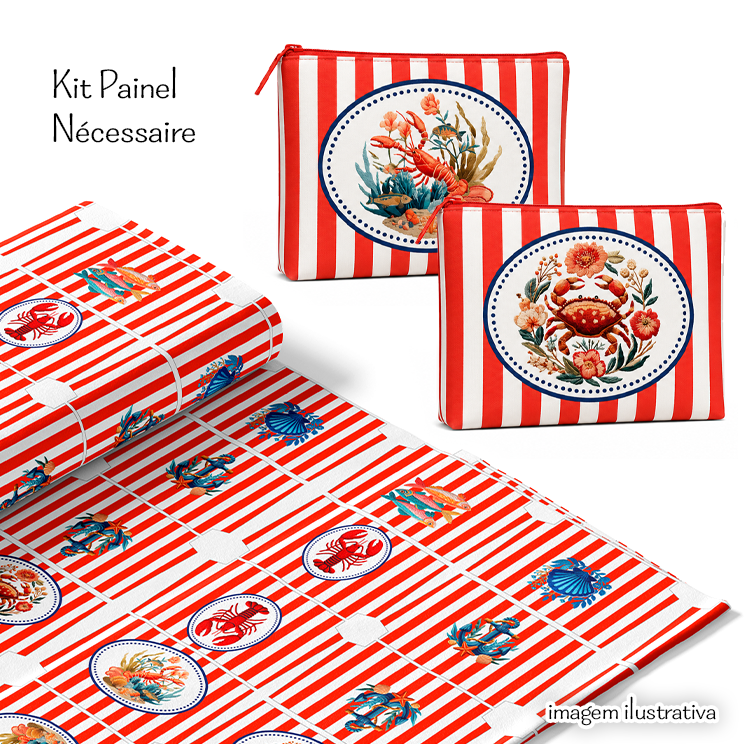Tecido Tricoline Digital Painel Necessaire Frutos Marinho Listrado Vermelho 9100e16477