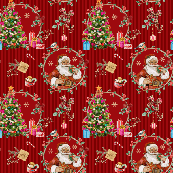 Tecido Tricoline Digital Papai Noel Fundo Listrado Vermelho 9100e7022