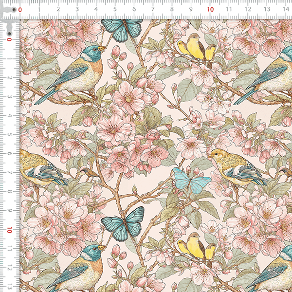 Tecido Tricoline Digital Pássaros Floral Borboletas 9100E15924