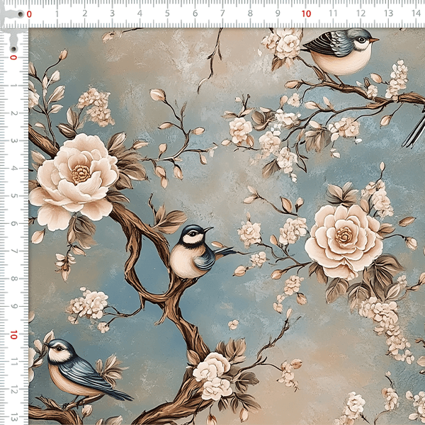 Tecido Tricoline Digital Pássaros Floral Vintage 9100E16041