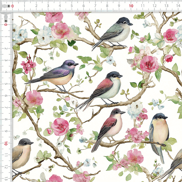 Tecido Tricoline Digital Pássaros Flores Delicado 9100E16037