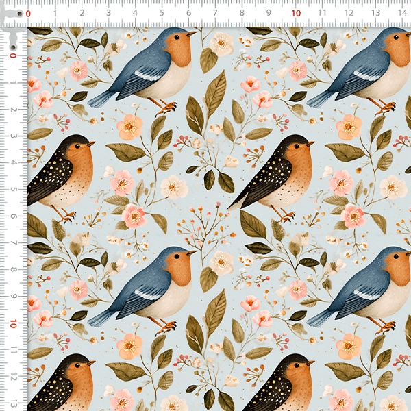 Tecido Tricoline Digital Pássaros Flores Ramos 9100E15897