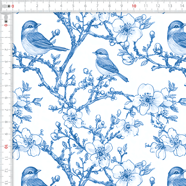 Tecido Tricoline Digital Pássaros Ramos e Florais Azúis 9100E15900