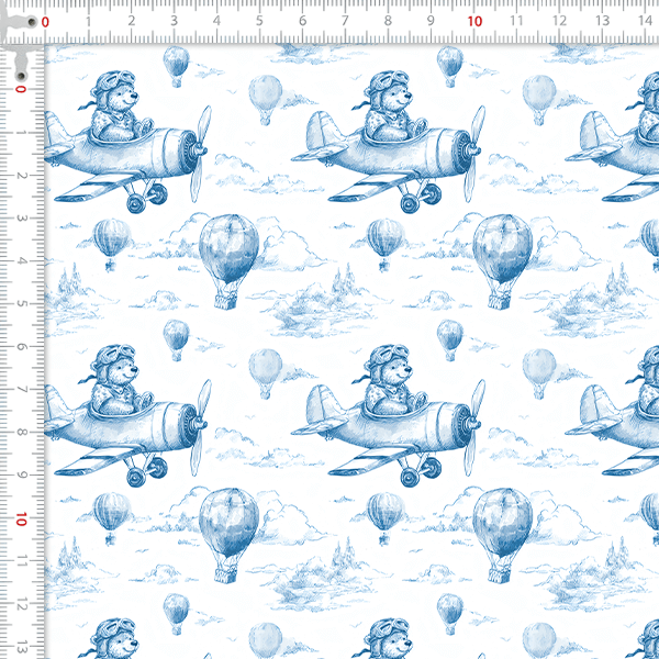Tecido Tricoline Digital Ursinho Aviador no Céu Azul 9100E15901
