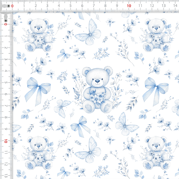 Tecido Tricoline Digital Ursinho Laços Azul 9100E15920