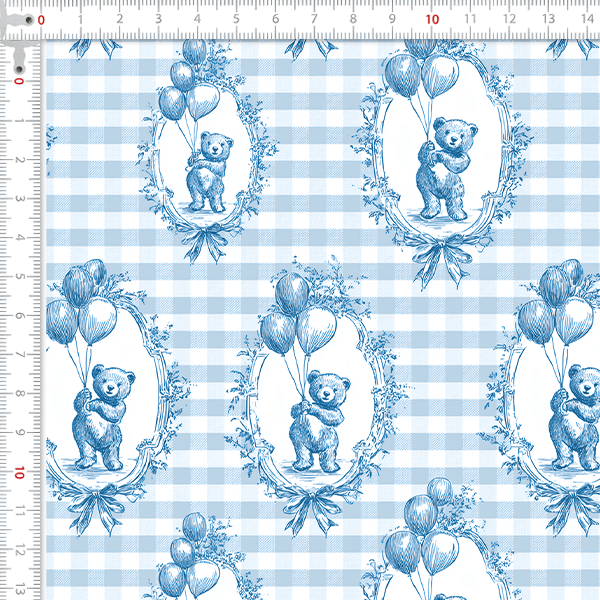 Tecido Tricoline Digital Ursinho Moldura Xadrez Azul 9100E15926