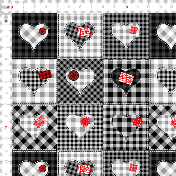 Tecido Tricoline Digital Xadrez com Corações Retalhos 9100e8495