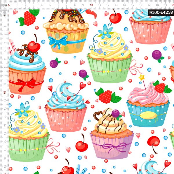 Tricoline Digital Cupcake Fundo Bege, 100% Alg 50cm x 1,50mt