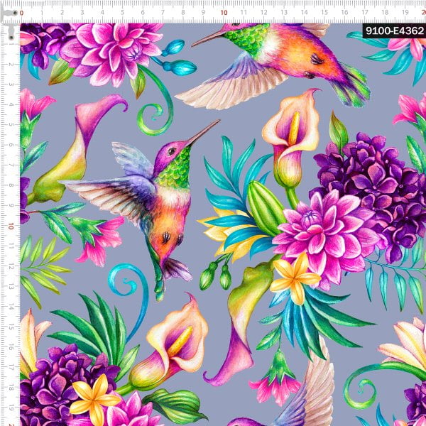 Tecido Tricoline Estampado Digital  Floral Colorido e Beija-flores 9100e4362