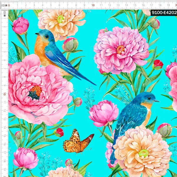 Tecido Tricoline Estampado Digital  Floral e Aves e Borboletas Tifanny 9100e4202
