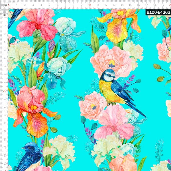 Tecido Tricoline Estampado Digital  Floral e Passados Azuis 9100e4363