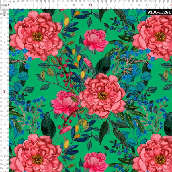 Tecido Tricoline Estampado Digital Floral Rosa e Ramos Fundo Verde 9100e3281