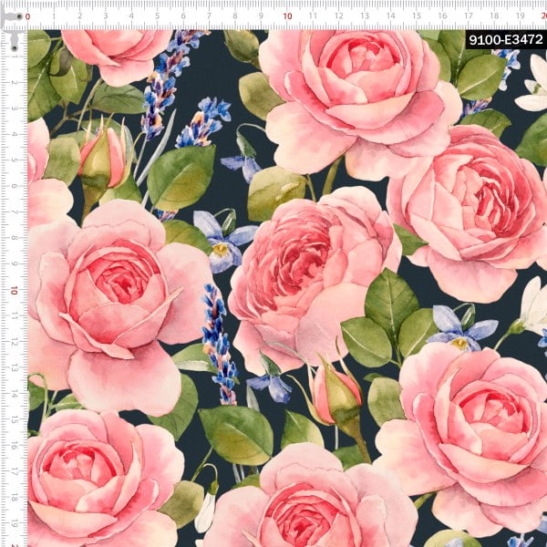 Tecido Tricoline Estampado Digital Floral Rosa Fundo Marinho 9100e3472