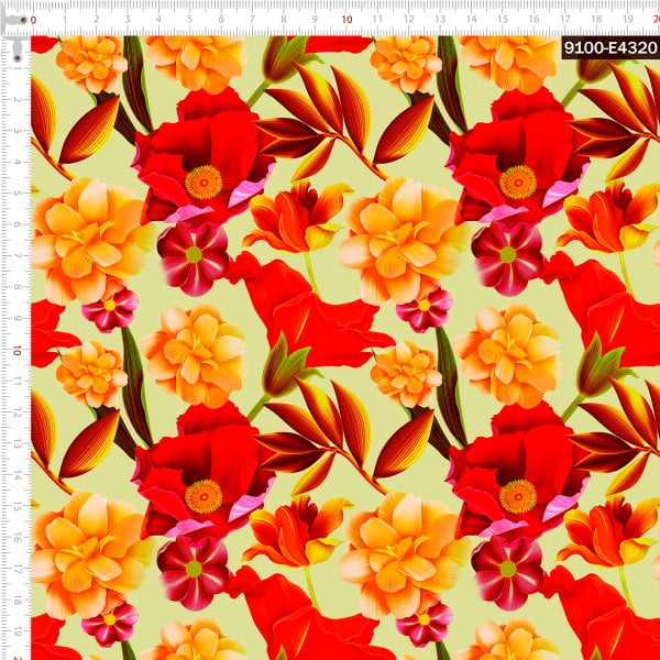 Tecido Tricoline Estampado Digital Floral Tropical  Amarelo 9100e4320