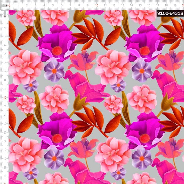 Tecido Tricoline Estampado Digital Floral Tropical Cinza  9100e4318