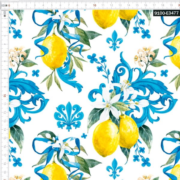 Tecido Tricoline Estampado Digital Limão Siciliano Arabesco Azul  9100e3477