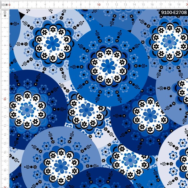 Tecido Tricoline Estampado Digital  Mandalas Florais Azul  9100e2708