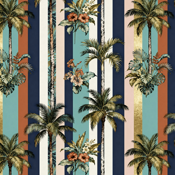 Tecido Tricoline Estampado Digital Palmeiras Tropicais com Listras 9007E169