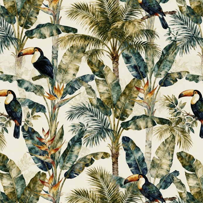 Tecido Tricoline Estampado Digital Tucanos e Folhagens Tropicais 9007E160