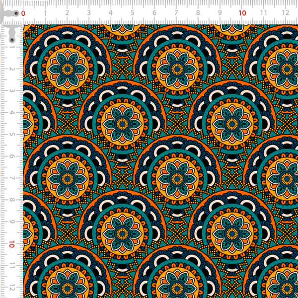 Tecido Tricoline Digital Mandalas Azul Verde e Amarelo 9100e7885