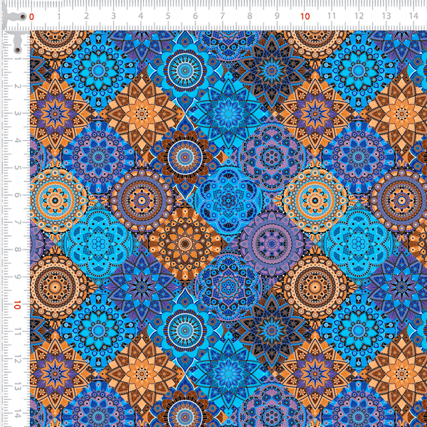 Tecido Tricoline Digital Mandalas Tons Azul e Laranja 9100e7888
