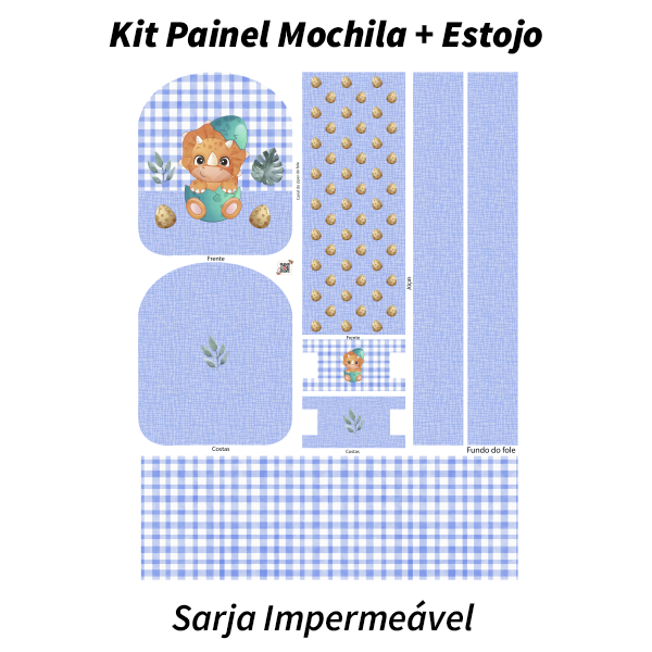 Sarja Estampada Impermeável Painel Mochila + Estojo Bebê Dino Xadrez Textura  Azul