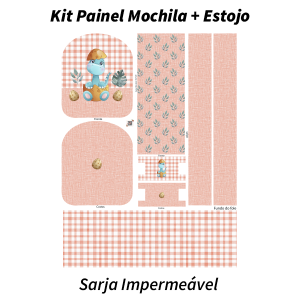 Sarja Impermeável Painel Mochila + Estojo Bebê Dino Xadrez Textura Rosa Seco 9100e9520