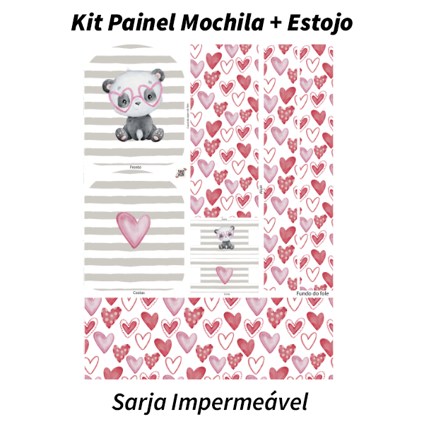 Sarja Impermeável Painel Mochila + Estojo Bebê Panda Corações 9100e9518