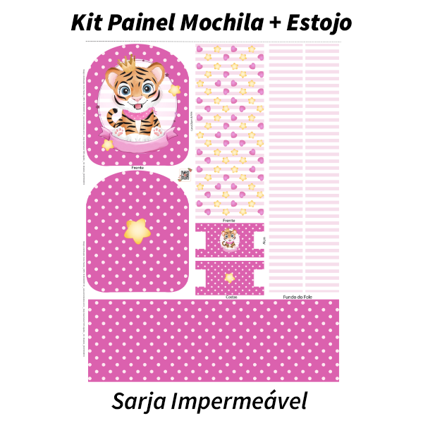 Sarja Impermeavel Painel Mochila + Estojo Bebê Tigre Poá Rosa 9100e9513